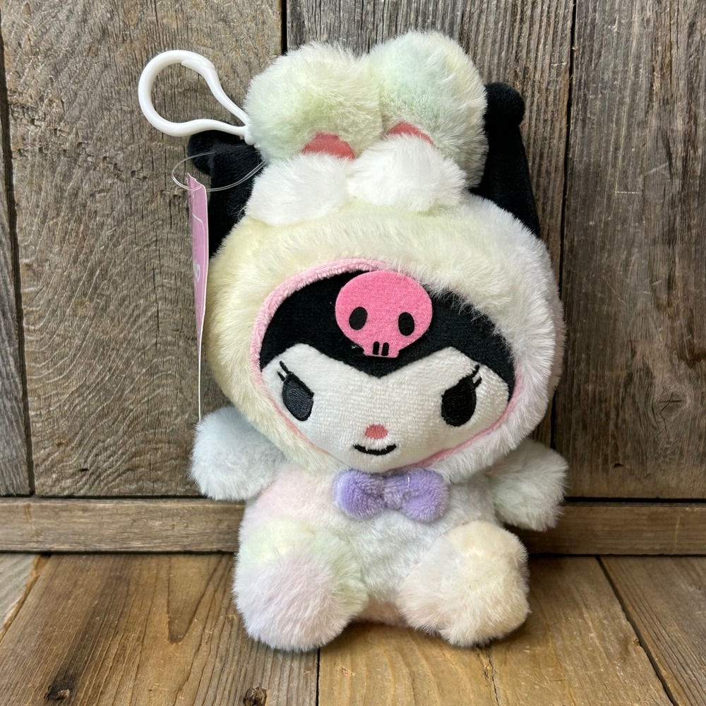 Sanrio Kuromi Pastel Gradient Plush Keychain Bunny Hood Clip On 5.5 Inch NEW
